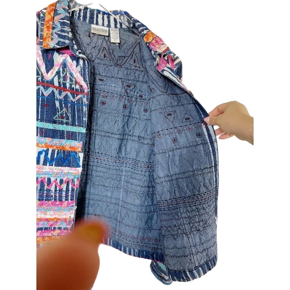 Vintage Chico’s Scrap Art Denim Jacket Multicolor Embroidery Medium (Size 1) - Picture 9 of 12